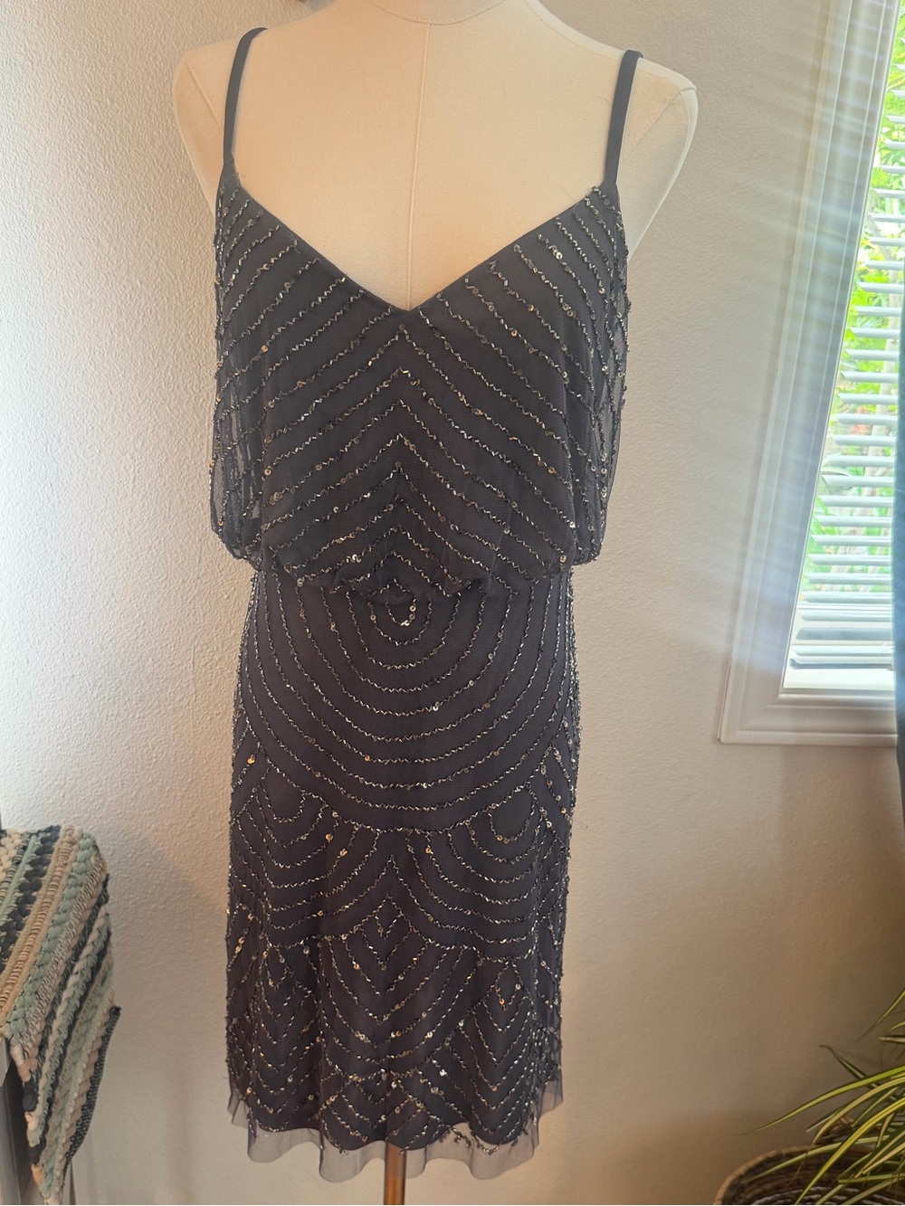 Adrianna Papell Black Beaded Sequin Cocktail Dress Size Small Art Deco Gatsby Pa